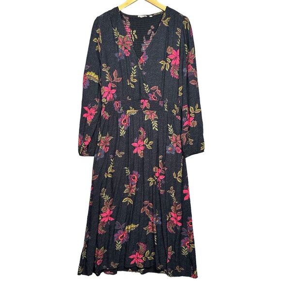 Fat‎ Face Bennie Floral Midi Dress Sz 10 Short Black Red Floral Smocked Boho - Picture 2 of 12